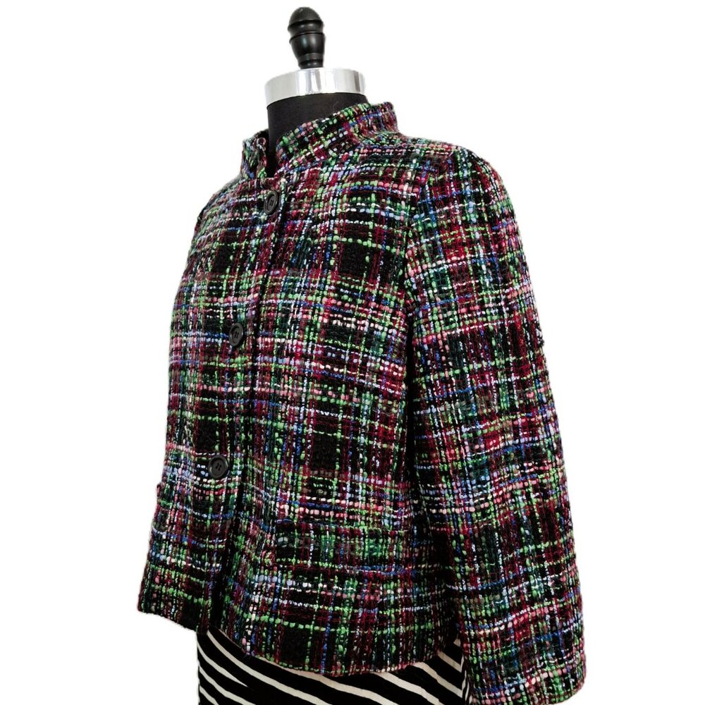 Talbots Sz 14 Petite Nehru Cropped Wool Blend Blazer Multi-Color Textured Tweed - Picture 12 of 14